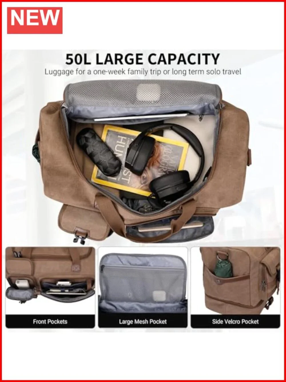 Canvas Duffle Bag 50L Weekend Travel with Shoe Compartment and Toiletry Bag